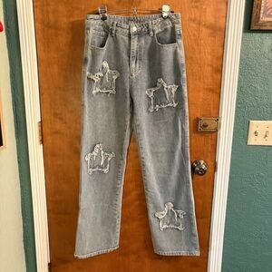 Star Patch Jeans Y2K Vibes Loose Fit Raw Edge Women's Large Retro Funky Fun Cute